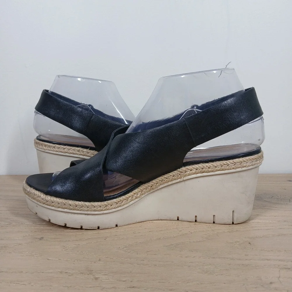 Clarks Sandals Womens 8 Black Leather Espadrille Wedge Boho Comfort Resort Chic